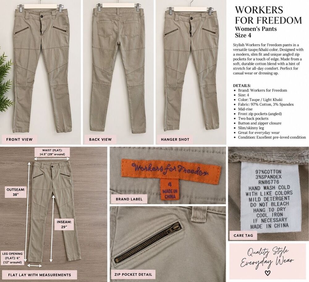 Workers for Freedom Size 4 Taupe Stretch Cotton Zip Pocket Skinny Pants Pants-1 - Picture 4 of 5